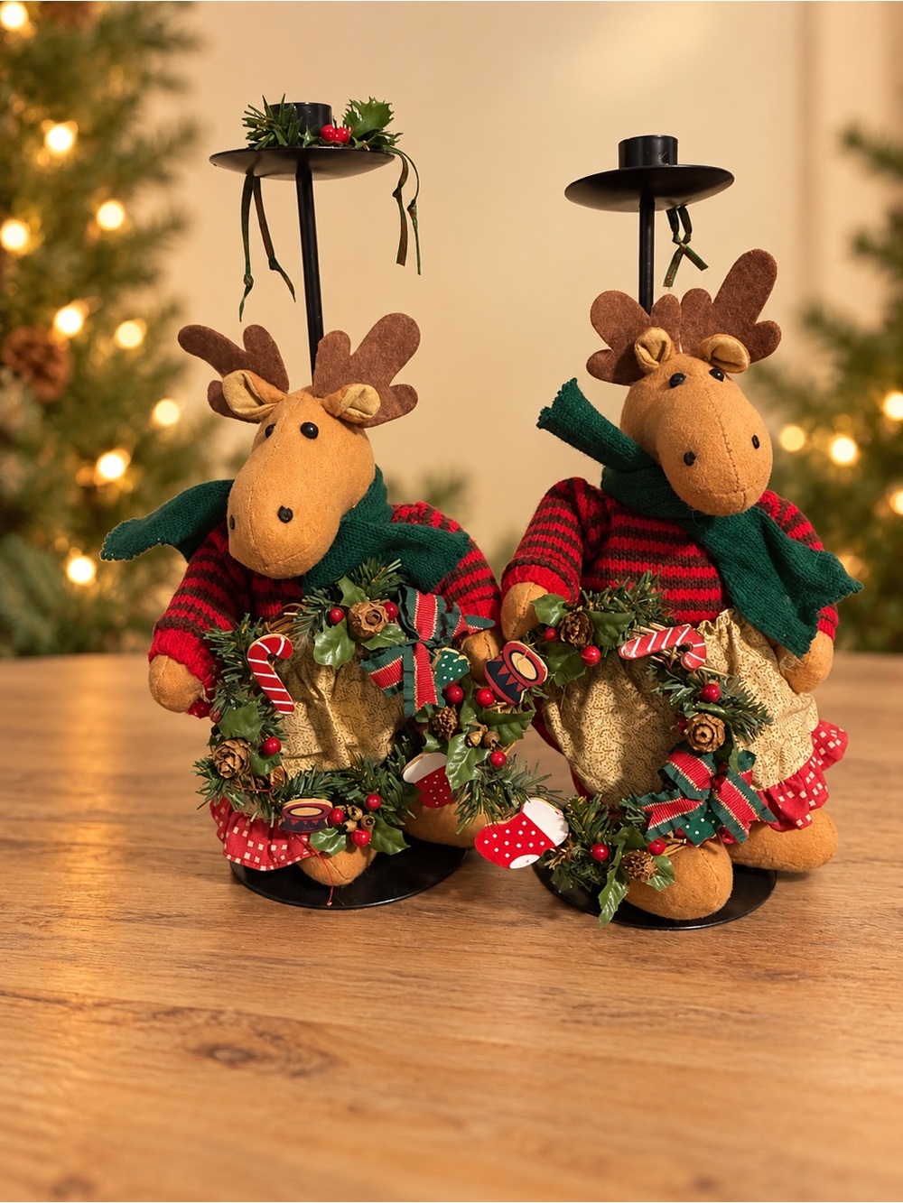 Festive Reindeer Candle Holder Pair - Green & Red